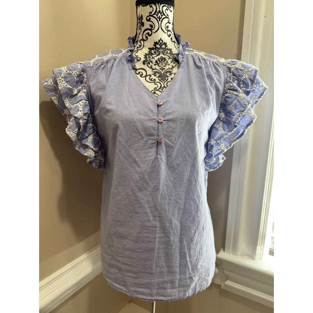 Mira Womens Blue Cotton Crochet Lace Flutter Sleeve Henley Blouse Top Large